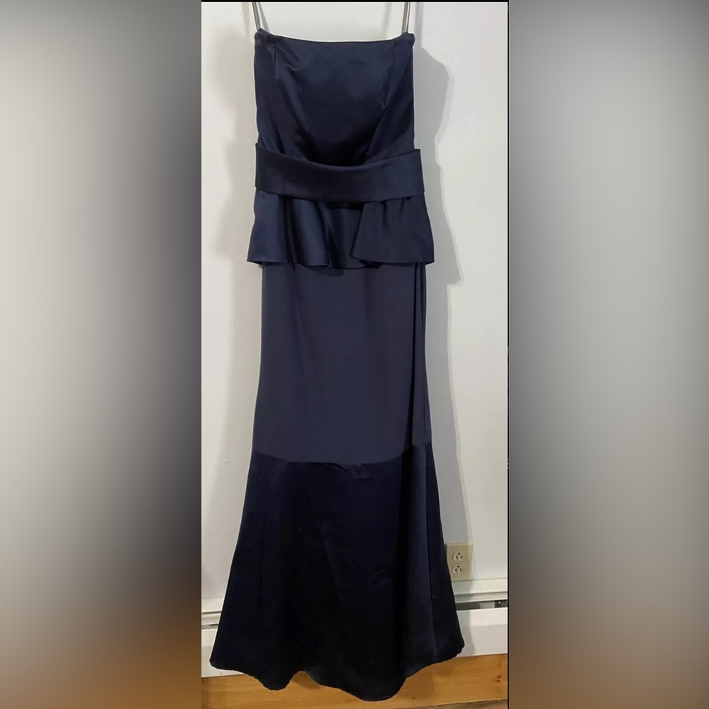 White by Vera Wang Navy Strapless Peplum Evening Gown